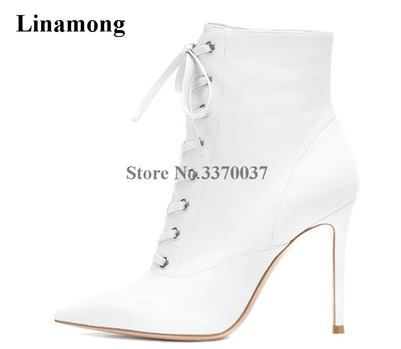 Classical Style Women Elegant Pointed Toe White Black Leather Thin Heel Short Boots Lace-up Super High Heel Ankle Boots Classical Style Women Elegant Pointed Toe White Black Leather Thin Heel Short Boots Lace-up Super High Heel Ankle Boots