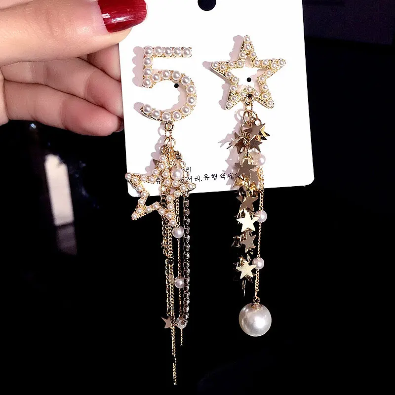 

Fashion Woman Full Pearl Lucky Number 5 Long Rhinestone Tassels Asymmetry Drop Earrings