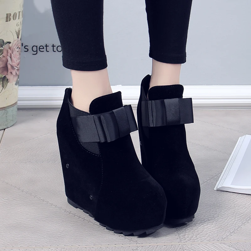 

Kjstyrka Autumn Winter Black Suede Bow Tie Boots Women High Heels Platform Wedges Ankle Boots 2018 Shoes woman booties 12cm