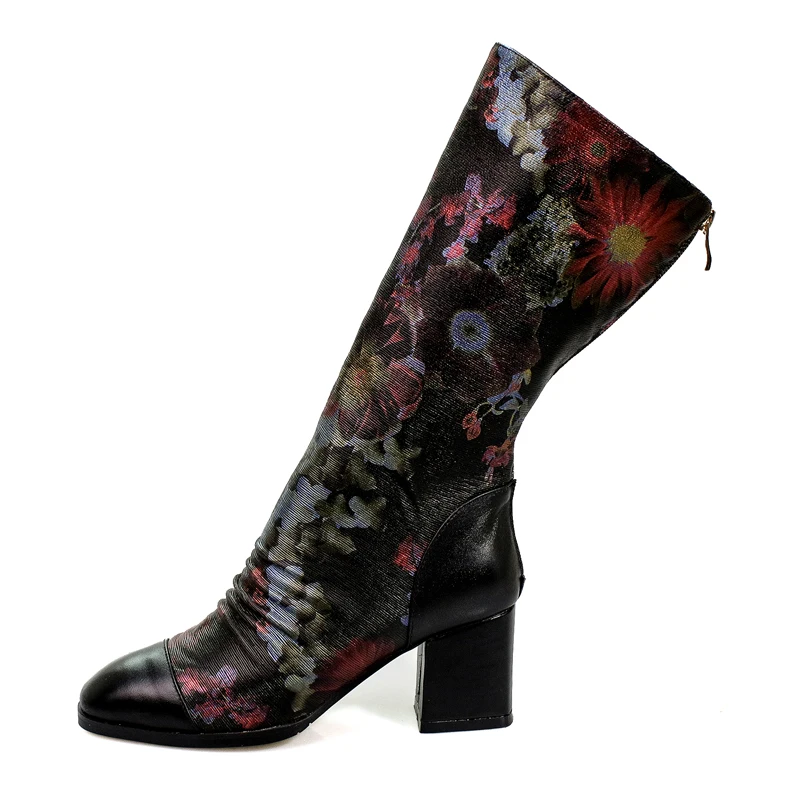 Signora Colour Spring Dell'annata A Tacchi Springfall And Invernali Metà black design 20180413 Reale Alti Di Donne Punta Nero Cuoio Fiori Grey Colori Polpaccio Il lightgrey Della Stivali Fall Spessore Genuini Quadrata flowers Fall light xqZF7wzA