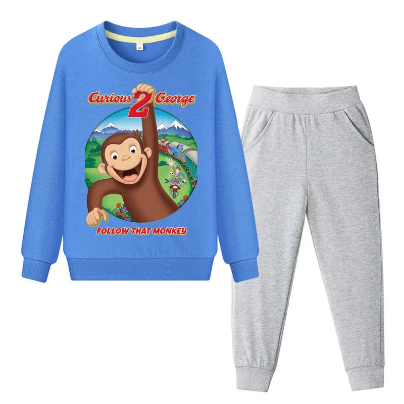 

Kids Curious George Outfits Clothes Children Clothing Sets Boys Girls Spring Sweatshirt Pant Suit Baby Hoodies Costume Set TZ042