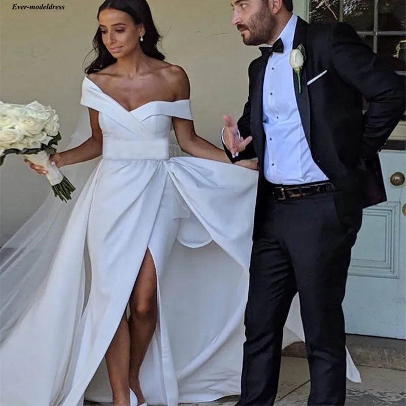 

vestido de noiva sereia Off The Shoulder Satin Arabic Wedding Dresses Country Style Simple Garden Mariage Gowns With Slit Cheap
