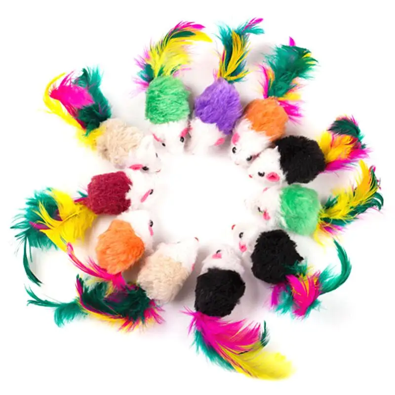 10Pcs/lot Cute False Mouse Pet Cat Toys Mini Playing Toys Interactive Colorful Feather Pet Cat Mouse Plush Kitten Funny Toys