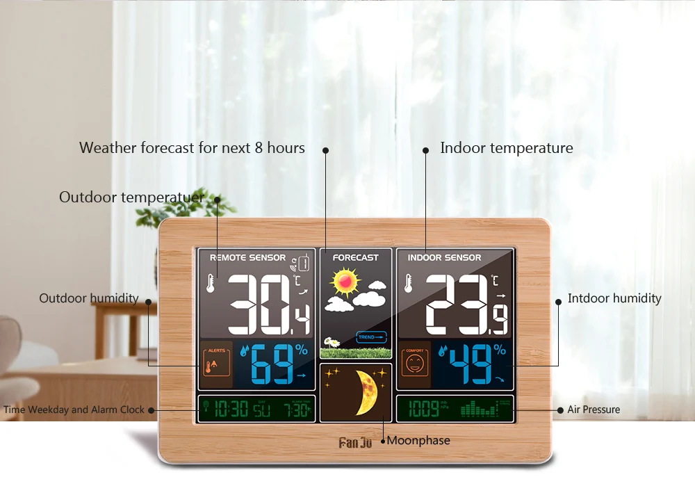 Цифровой будильник, метеостанция, настенный, для помещений, для улицы, температура, влажность, часы, фаза Луны, Forecast, USB зарядное устройство, FJ3378