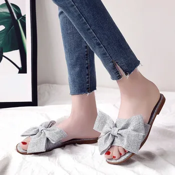 

Women Fashion Cloth Bow Flat Heel Square Toe Sandals Slipper Beach Shoes