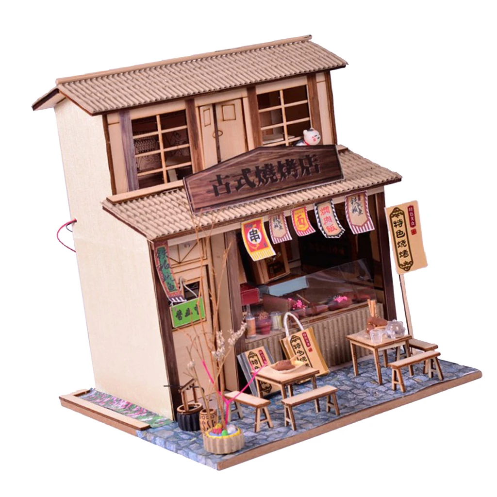 DIY Handcraft Miniature Project Dollhouse Furniture Kit Wooden Dolls House Antique Barbecue Restaurant Gift for Children