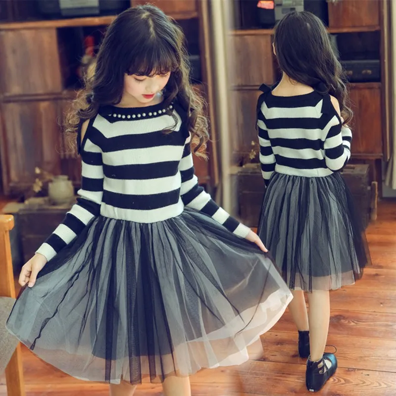 

Christmas Striped Dress Girls Winter Knit Sweater Dresses Fashion Long Sleeve Kids Dresses For Girls Gift Princess Dress Costume