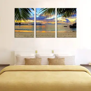 

Tropic Beach Sunset with Palm Tree Leaves Landscape Picture Living Room Wall Decor Coast Sunset Painting Canvas Prints Wholesale