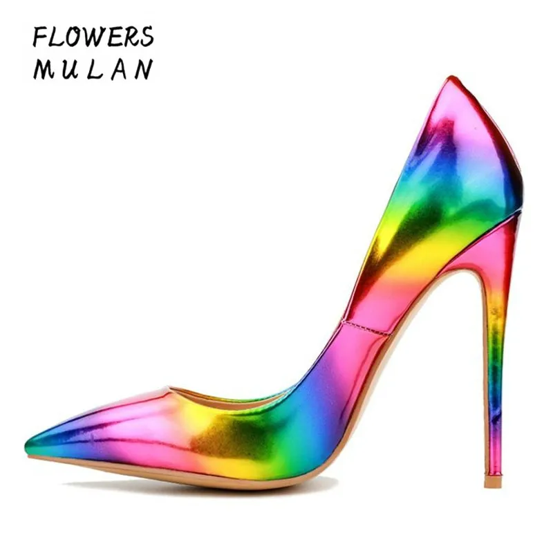 

Mixed Rainbow Color Shiny Leather High Heels Pumps Shoes Woman Elegant Pointed Toe Slip On Chic Shallow Women Wedding Shoes