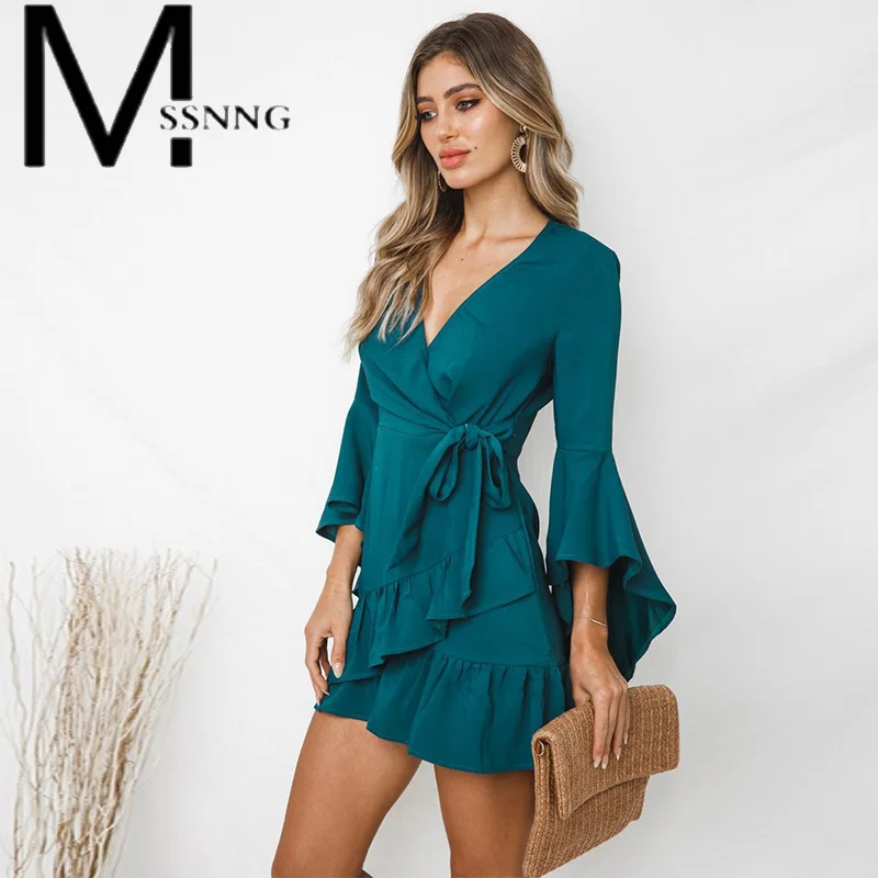 

MSSNNG 2018 sexy v-neck summer dress ruffles patchwork casual long sleeve women dress bodycon lace up solid party dresses robe