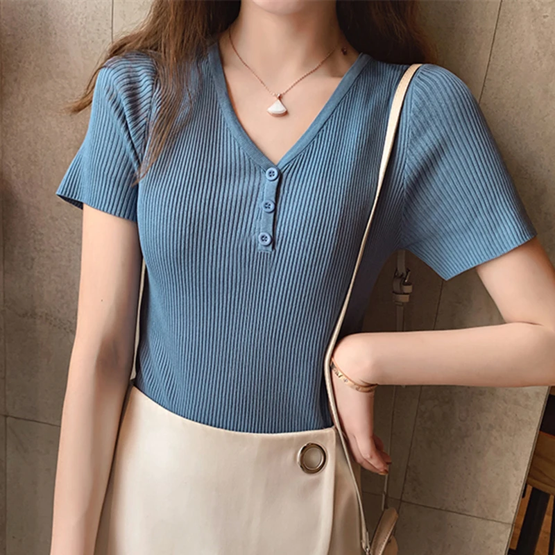 

Korean Knitted Short Sleeve Cotton Crewneck Women Sweaters and Pullovers Female Shirt Tight Sweater Thin Repair Knit Sweater