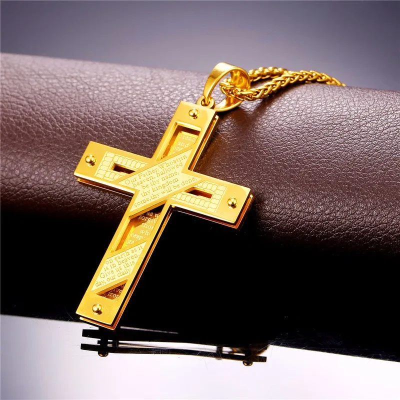 U7 Марка Позолоченный Крест Мужчины Ожерелье Из Нержавеющей Стали Ювелирные Изделия Оптом Библия Модные Двойными Бортами Крест Кулон P815