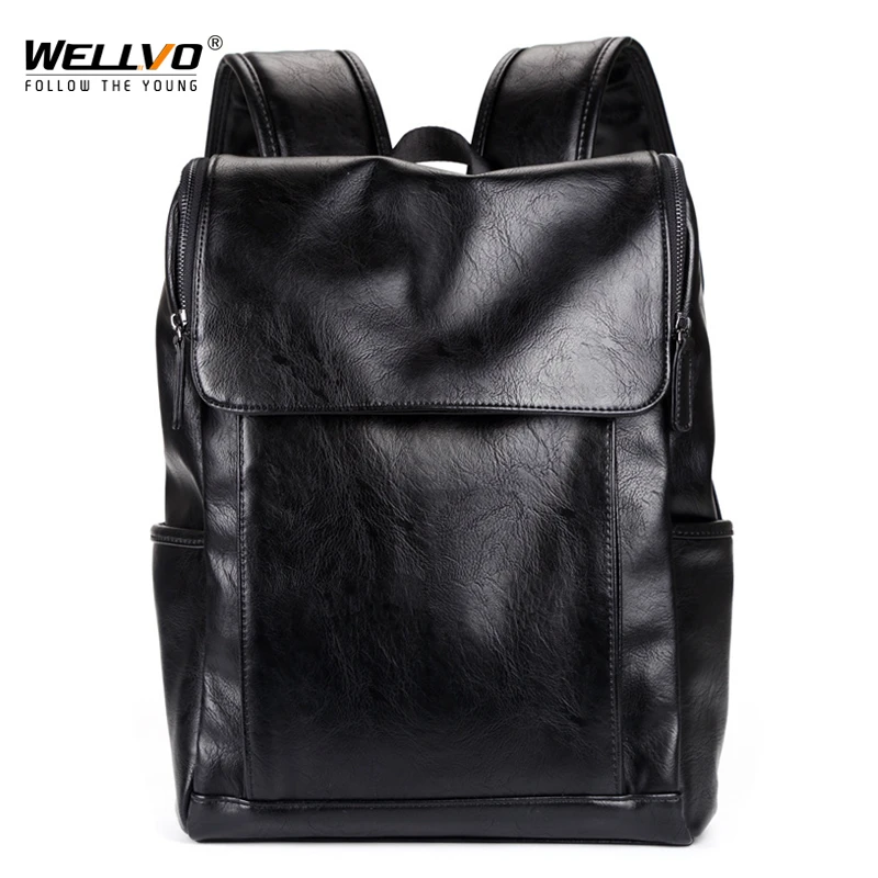 

Wellvo Men PU Fashion Leather Backpack for Teenager school bags Korean Japan Style Business Laptop Bag Flap Pocket Black XA138WC