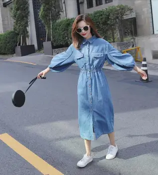 

Denim shirt dress spring and autumn 2019 new over the knee temperament casual lantern sleeve dress 1919
