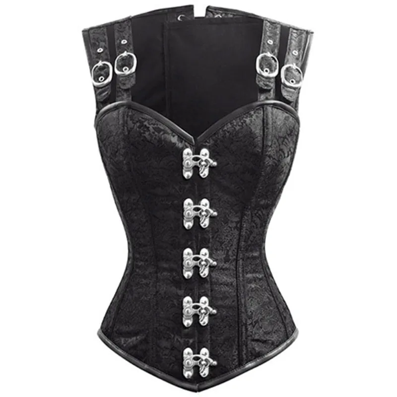 Steampunk Corsets and Bustiers Wine Red Sexy Brocade Adjustable Buckle Straps Vest Gothic Waist Corset 12 Steel Boned Corpet (5)