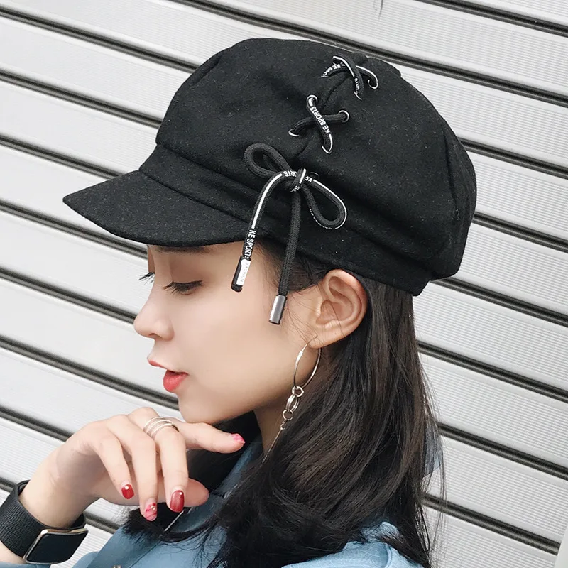 

Newly Autumn Winter Artist Hat For Women Girls Korea Version Vintage Retro Beret with Shoeslace Newsboy Cap Octagonal Hat