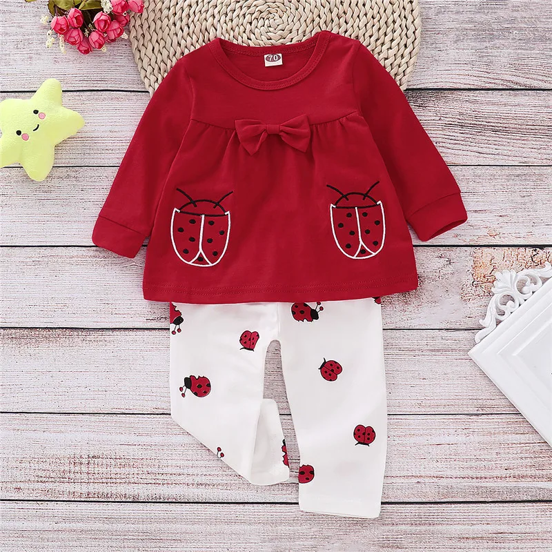 

Newborn Girl Clothing Set Long Sleeve Ladybug Baby Outfits For Girl Winter Autumn Red Cute Bow Infant Girl Clothes Set D25