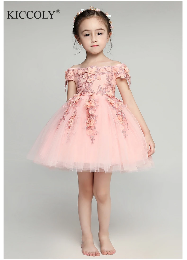 Дешево Glizt Shoulderless платья для первого причастия девочек Vestido daminha Casamento Роскошные бальное платье розовый органзы с цветочным узором