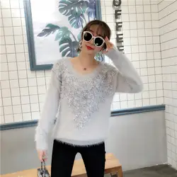 Kemixiaoxuan Новое поступление 2018 вязаный свитер женский Бисер и вышивкой одноцветное с круглым вырезом и длинными рукавами норки кашемировый