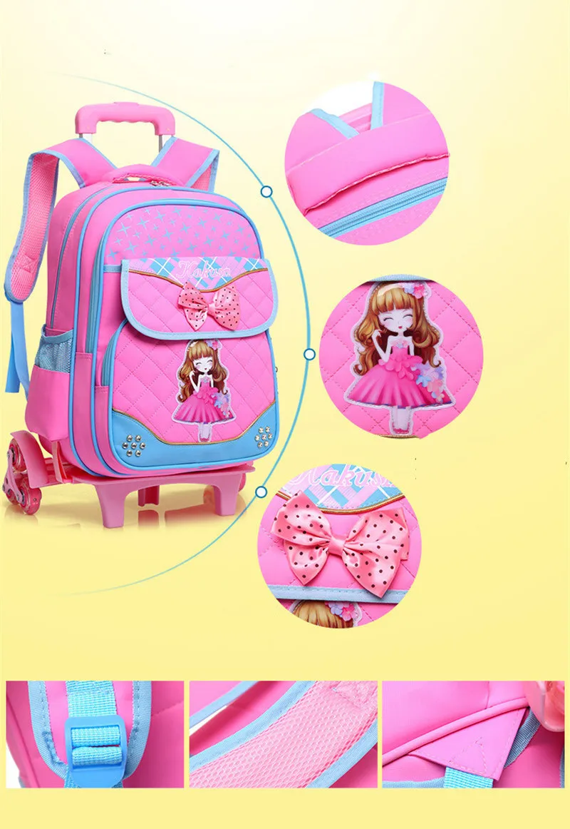 Стильная школьная сумка принцессы для девочек с 2/3 колесами, рюкзак на колесиках, подарок для девочек, съемная сумка на колесах, mochila