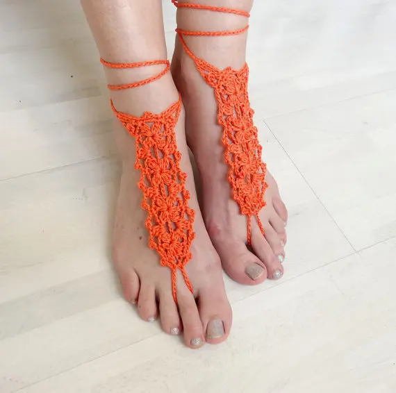 Crochet Barefoot Sandals Beach Wedding Shoes Orange Anklets