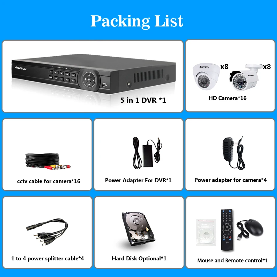 16ch AHD CCTV System 1.0MP 2000tvl DVR Kit 16CH AHD 1080P DVR 16pcs 720p CCTV indoor outdoor Camera PC&Mobile View Plug And Play