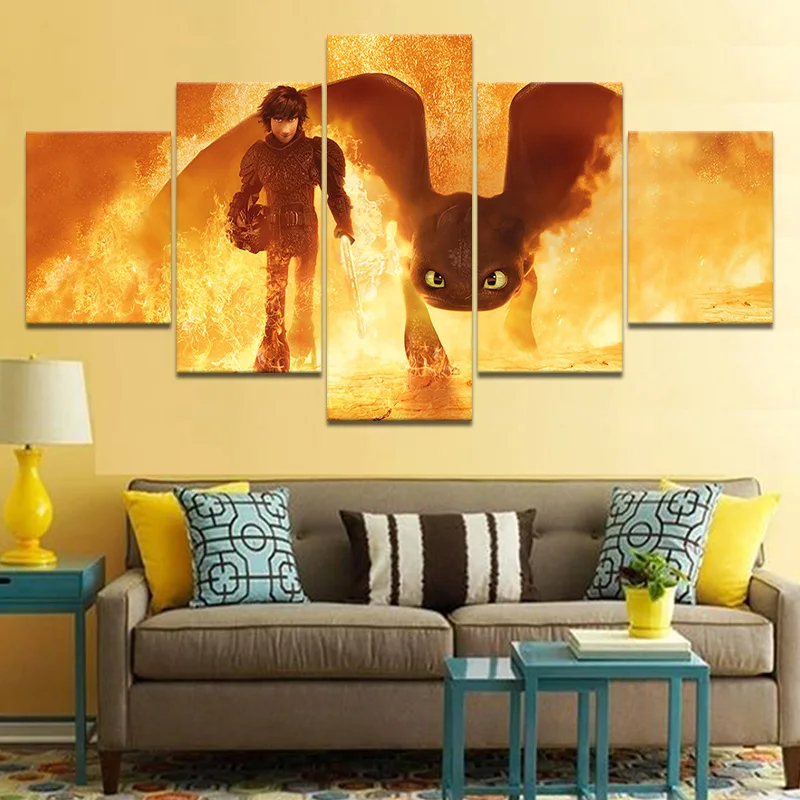 

5 Piece How To Train Your Dragon 3 Movie Poster Toothless Hiccup Wall Art Picture Home Decor Wall Sticker Cartoon Painting Gift