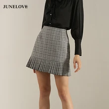 JuneLove Для женщин плед Высокая талия плиссированные юбки элегантная Офисные женские туфли Повседневная юбка костюмы горячая драпированные женские элегантные милые юбки