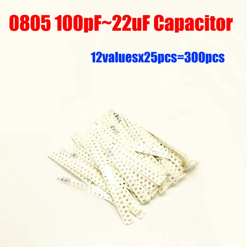 

0805 SMD Capacitor Sample Kit 12valuesX25pcs=300pcs 100PF~22UF Capacitor Assortment Pack