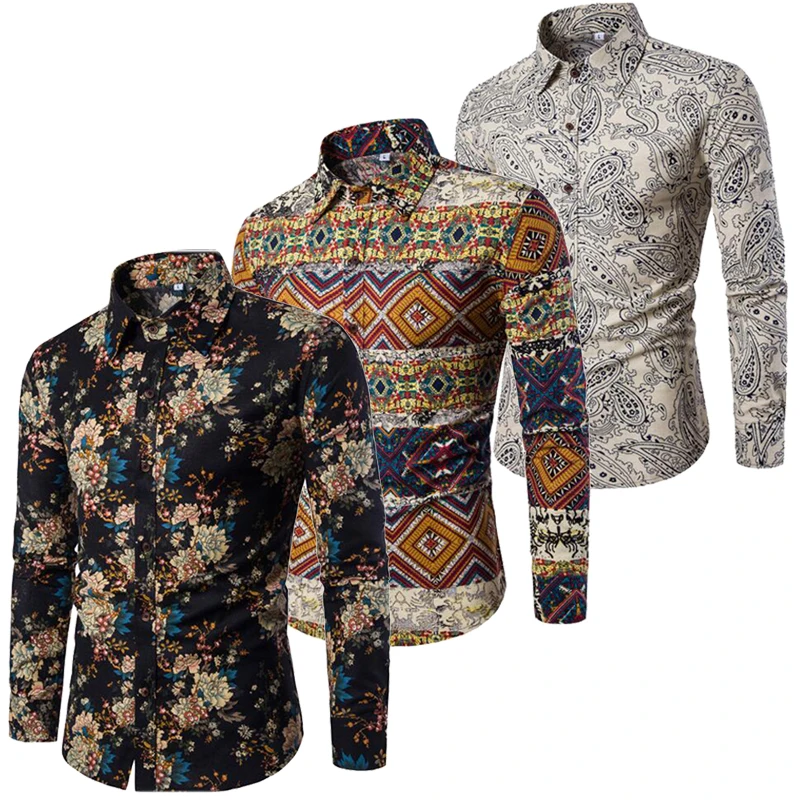 

Summer Hawaiian Flower Retro Print Bohemian Pattern Vintage Beach Hawaii Shirt Men Plus Size 4XL 5XL