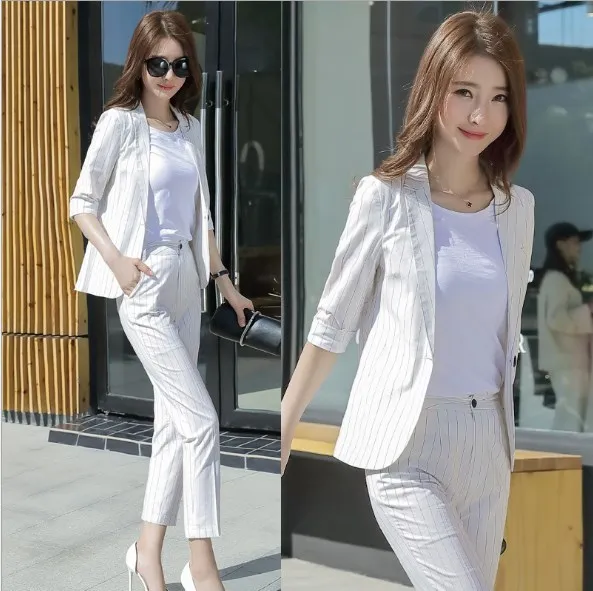 Woman Work Wear Striped Pants Suit For Women Business Casual Outfit Womens Trouser Suits Black White Blue Blazer Set with Pants