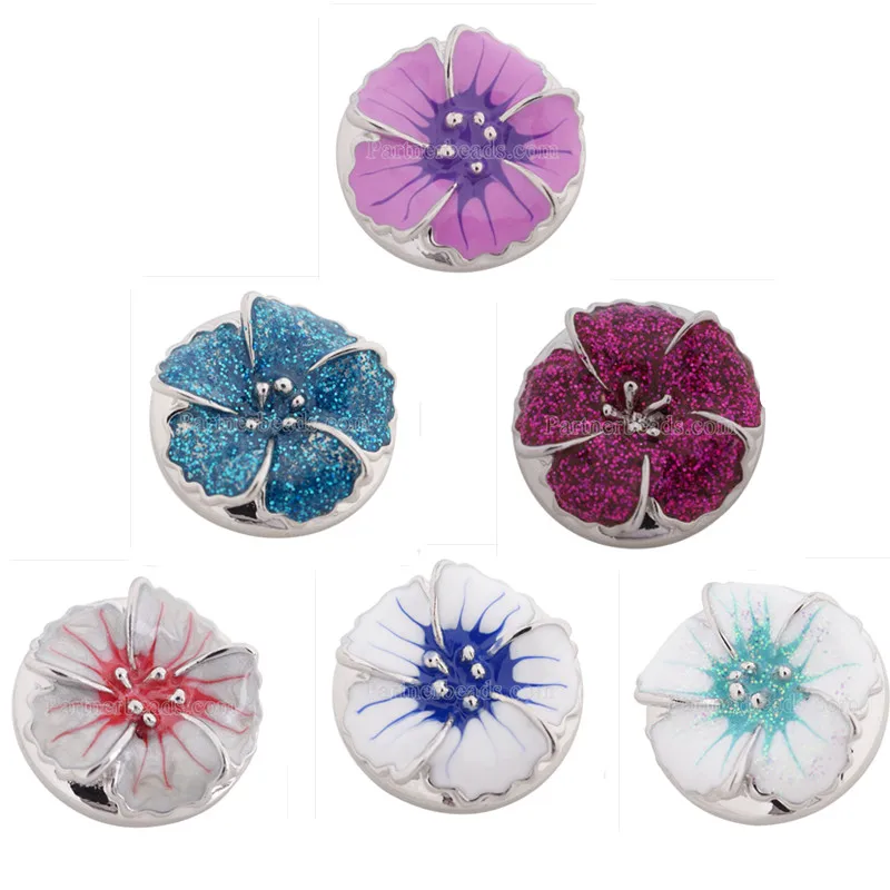 10pcs/lot 20mm flower snaps Silver Plated with Enamel snap button