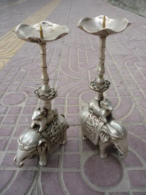 

Rare Old QingDynasty a pair of silver lampstand,carving Elephant,Best collection&adornment,Free shipping