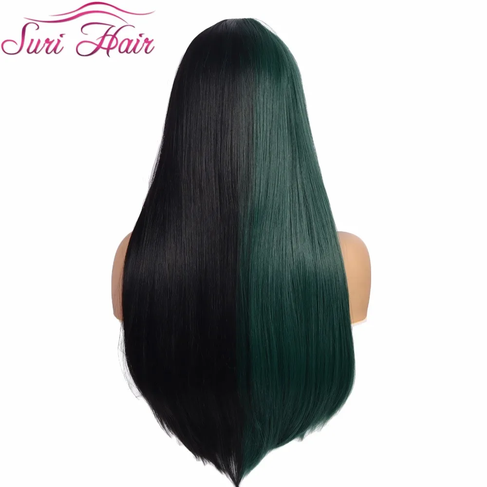 Сури волосы длинные прямые синтетические парики половина зеленый Половина черный цвет женский парик с челкой косплей термостойкие афро-американские