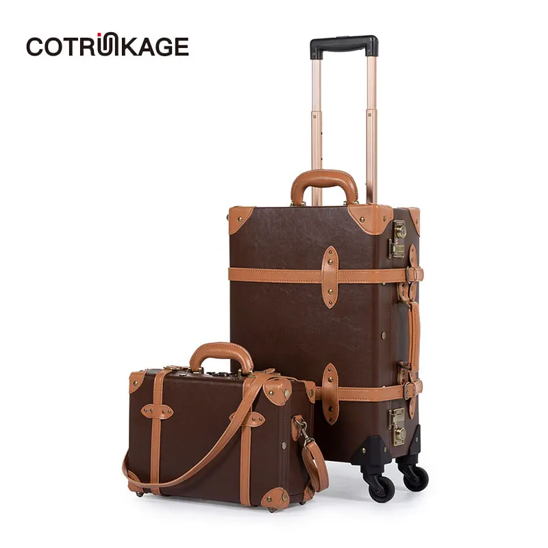 

COTRUNKAGE Mens TSA Lock Vintage Carry On Suitcase Brown Pu Leather Rolling Trunk Womens Luggage Set 2 Piece with Cosmetic Case