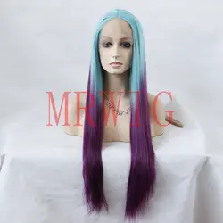 MRWIG синий ombre темно-фиолетовый средняя часть синтетических перед lace парик 26 inch настоящие волосы жаропрочных волокна косплей для леди