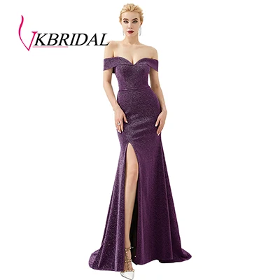 VKbridal сексуальное платье с открытым плечом и Высоким Разрезом Длинное Сверкающее вечернее платье Русалка платья блестящие платья подружки невесты Плюс Размер - Цвет: Purple