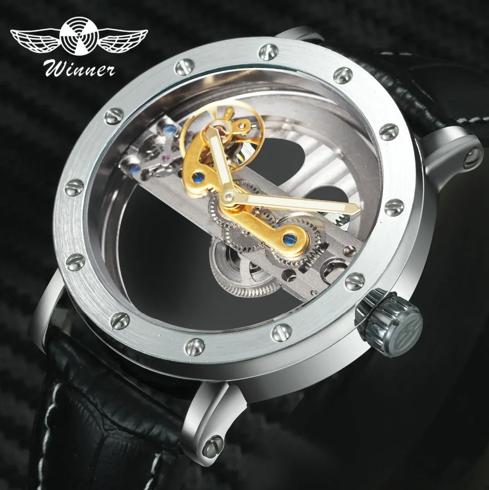 

2018 WINNER Fashion Men's Golden Bridge Skeleton Auto Mechanical Watch Brown Leather Golden Bezel Top Brand Design Best Gift