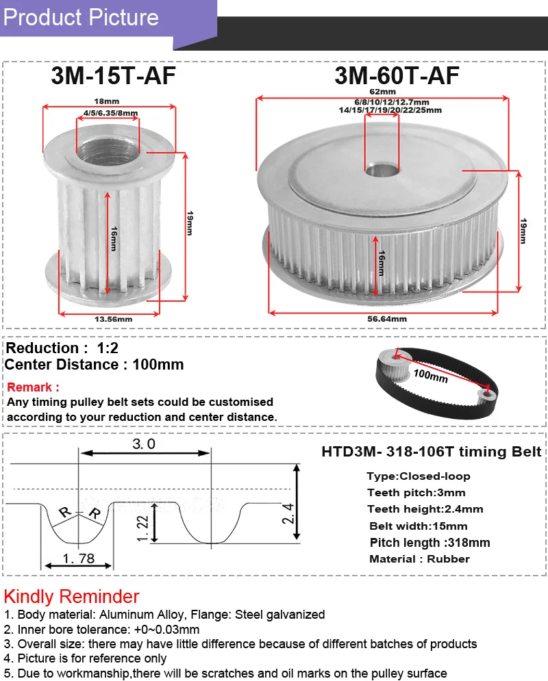 SUMRAY 3M зубчатый шкив комплект ремней 3M 15T 60T 16mm Ширина ремня уменьшенная 1:4 HTD 3M 318 Ремни ГРМ для 3d принтера запчасти