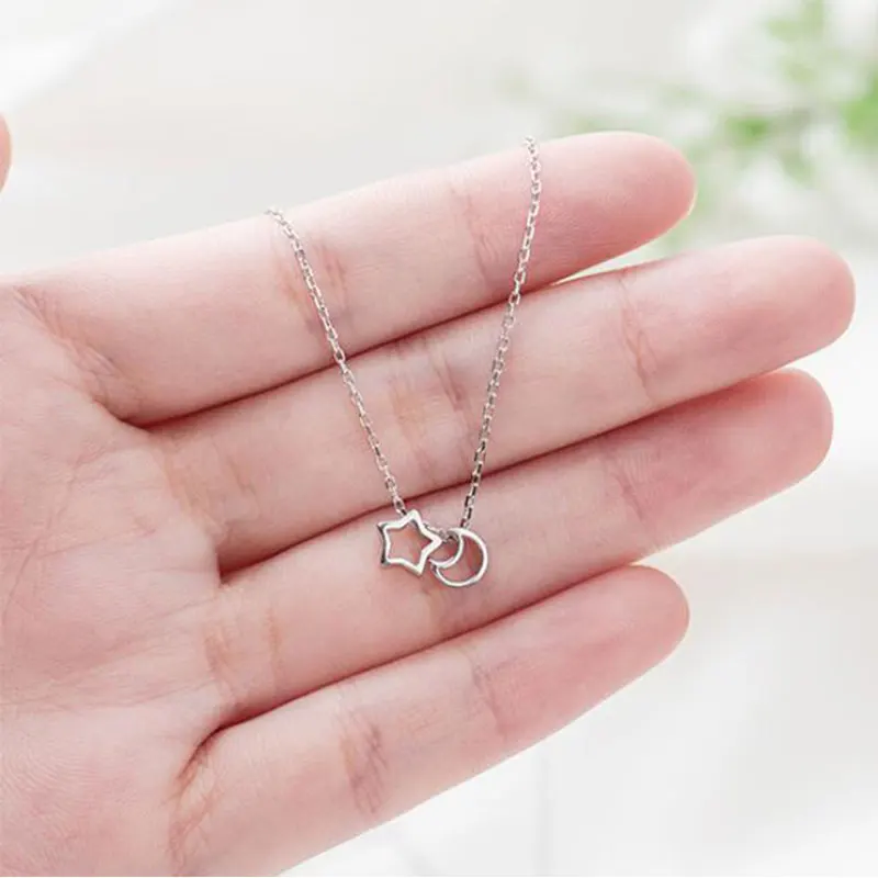 

anenjery Simple Hollow Moon Star Necklace 925 Sterling Silver Chain Necklace For Women Fashion Jewelry collares S-N240