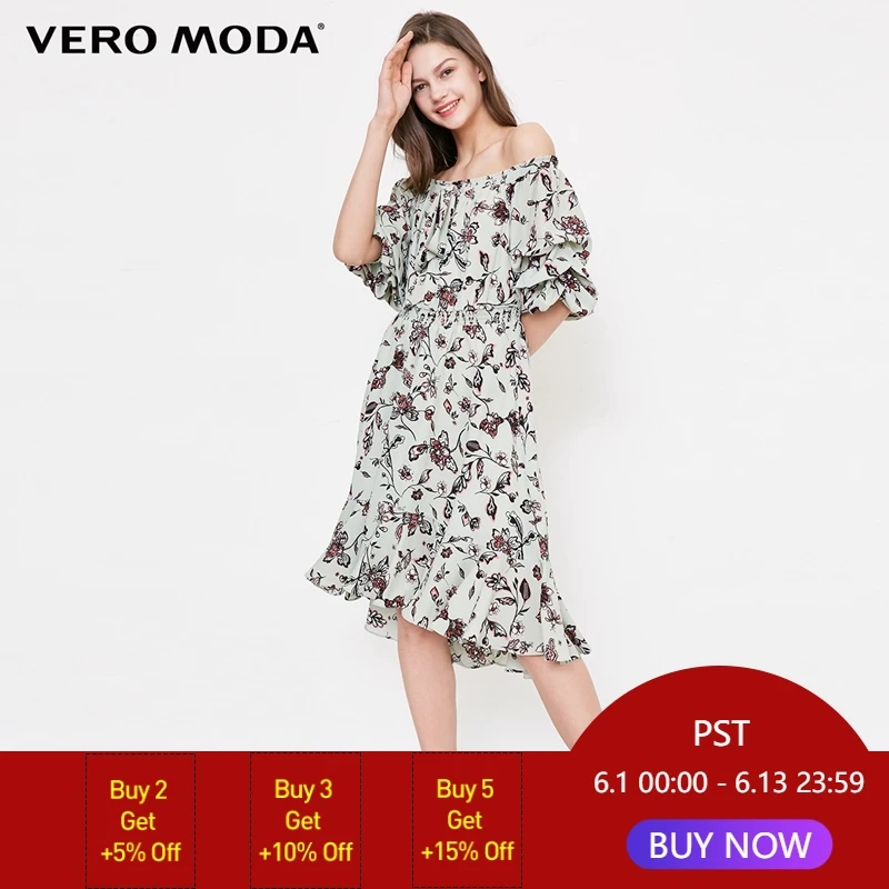 Vero Moda Chiffon Boat Neck Elbow Sleeves Cinched Waist Dress|31826Z537