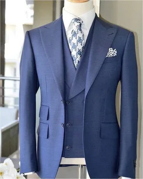 

Wedding blue lapel double button new Lang suit latest design men's wedding dress three (leather + pants + vest) groomsman tuxedo