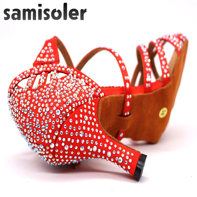 Женские туфли для латиноамериканских танцев Samisoler блестящие атласные Красного и
