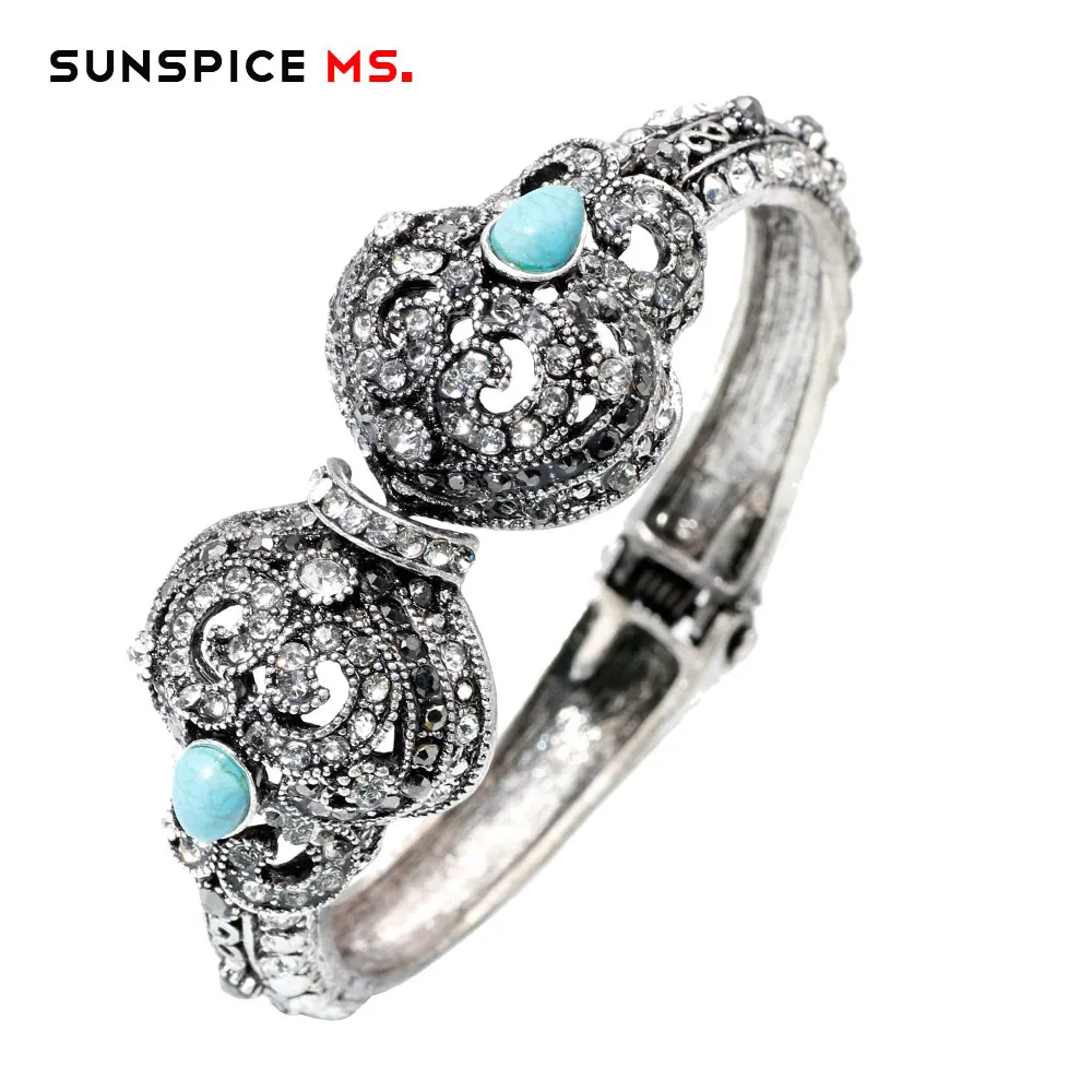 SUNSPICE-MS retro silver color turkish flower bangle for women ethnic wedding rhinestone jewelry vintage indian cuff bracelet - Окраска металла: ll1522