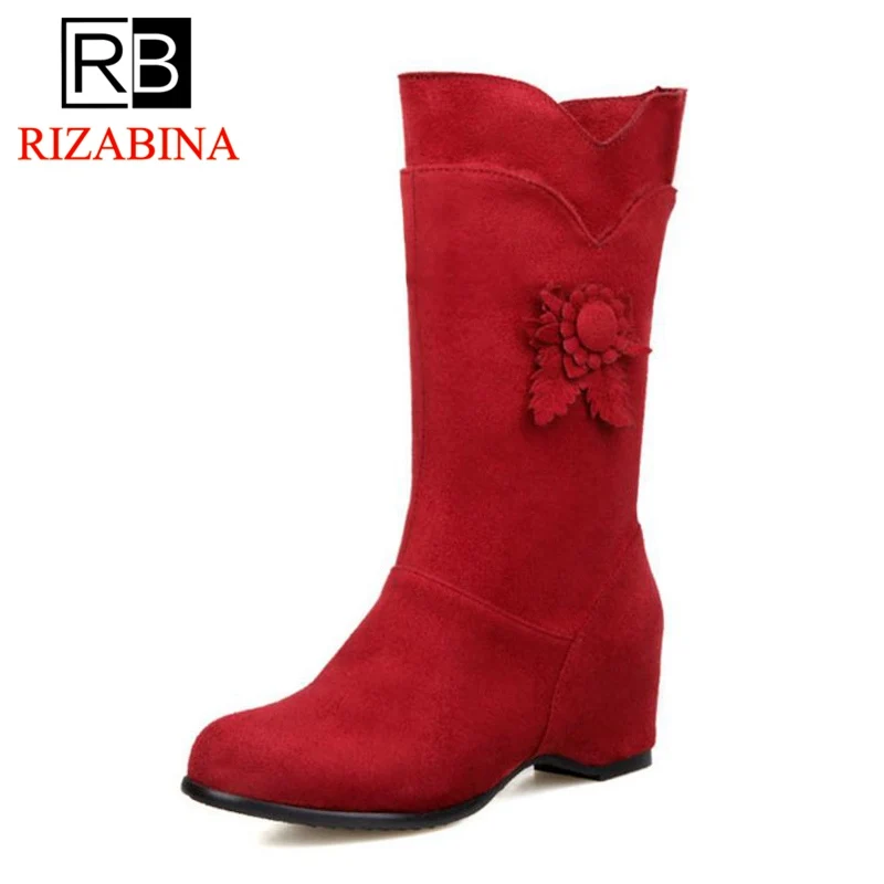 

RizaBina Plus Size 28-52 5 Color Women Winter Boots Flowers Inside Heels Mid Calf Boots Fashion Warm Shoes Woman Footwear