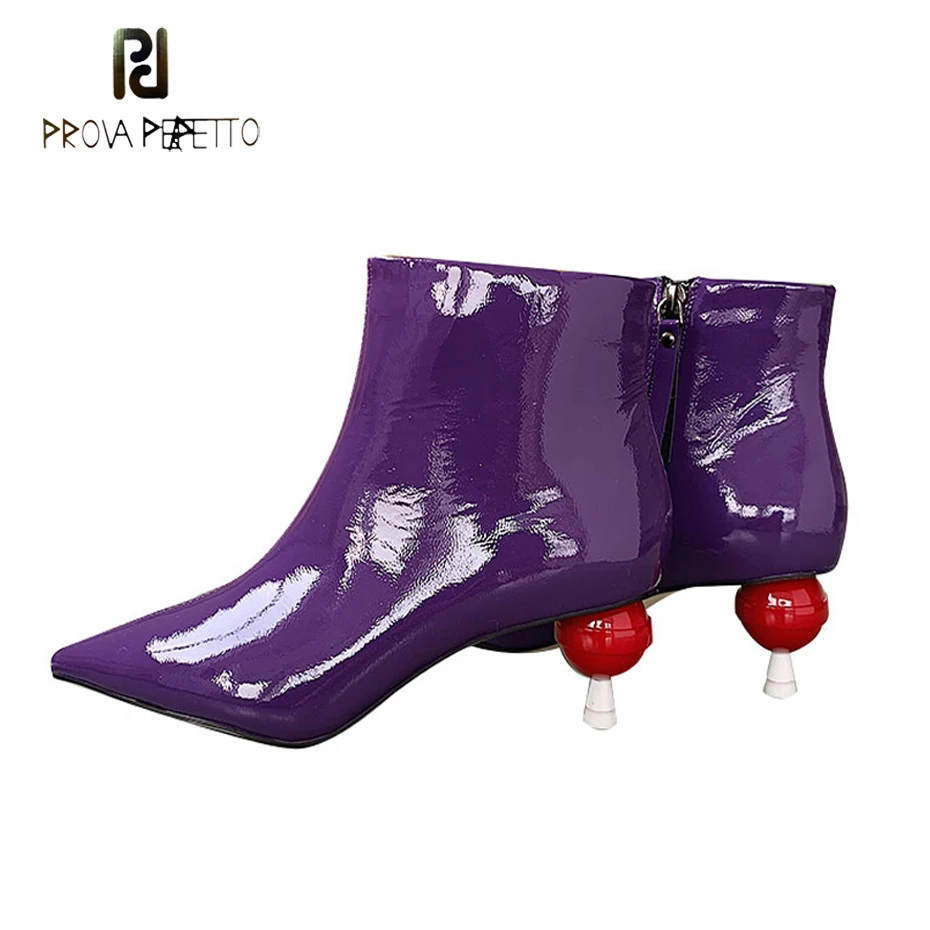 

Prova Perfetto purple shiny patent leather martin boots women sexy pointey individual lollipop strange heel ladies ankle boots
