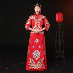 Красный вышитый цветок Cheongsam современный китайский традиционный свадебное платье Для женщин Vestido Oriental воротники элегантные длинные Qipao