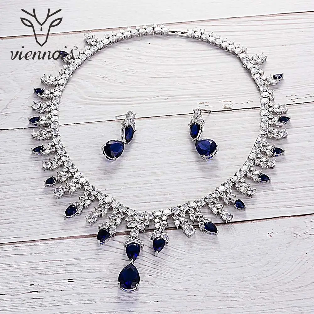 

Viennois Green / Bule / White / Red Color Necklace Set For Women Cubic Zirconia Dangle Earrings Wedding Jewelry Set 2019