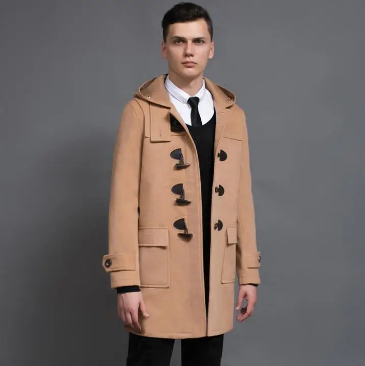 Black khaki casual long sleeve wool coat men with a hood coats mens horn button cashmere overcoats spring autumn trench jacket | Мужская