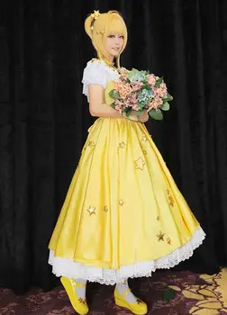 

2016 Cardcaptor Sakura Cosplay 60th Gloden Satin Bling Bling Star Lovely Summer Dress For Women